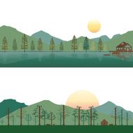Cabin on Lake and Camping Mountain in Summer Spring Landscape