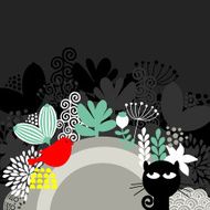 Half round banner with black cat and red bird