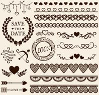 Love romance and wedding design elements Vector set