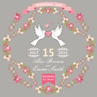 Cute wedding invitation with pigeons and floral frame