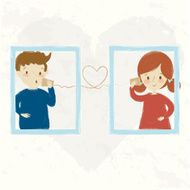 Cute couple girl and boy talking with tin can phone N2