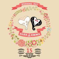 Cute wedding invitation with stylized heart and floral wreath