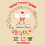 Cute wedding invitation with swans and floral wreath