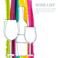 Wine bottle glass silhouette and rainbow stripes watercolor vector background
