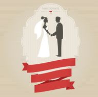 Vintage wedding invitation with bride and groom holding hands