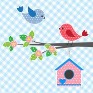 Couple of birds and birdhouse
