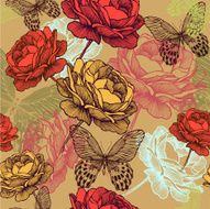 Seamless vintage pattern with blooming roses and colorful butterflies N2