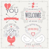 Decorative set of artistic wedding elements and signs