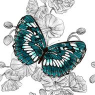 Floral vector seamless wallpaper pattern with poppy flowers and butterfly N2