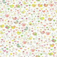 Seamless cute pattern of birds hearts and flora