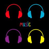 Set of headphones and colorful word Music Card