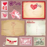 Set of vintage postcards and post stamps for Valentines Day