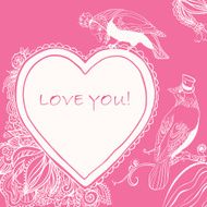 Love Heart Card with Birds and Flowers Vector illustration