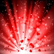 Abstract background with glowing hearts and rays of light