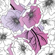 seamless pattern from white-black-pink-violet flowers and branches