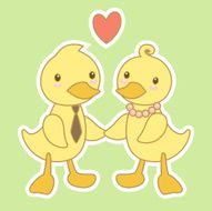 Two cute cartoon ducklings holding hands on simple green background