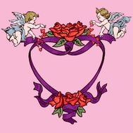 Valentine Heart with Cupids Ribbons and Flowers