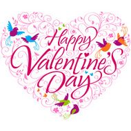 Happy Valentine&#039;s Day Calligraphy in Birds and Floral Heart Shape