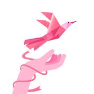 Geometric pink bird with hand and ribbon