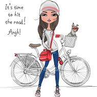 Vector cute hipster girl with bike and dog