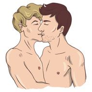 Two gay men kissing isolated on white