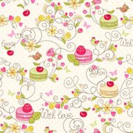 Holiday seamless pattern with macaroon berries flowers birds and butterflies