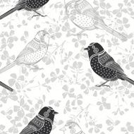 Floral seamless pattern with birds Monochrome vector background