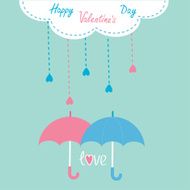 Cloud with hanging rain drops and two umbrellas Happy Valentine