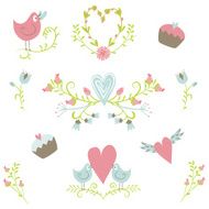 Valentine`s Day collection Vector birds hearts flowers and other elements