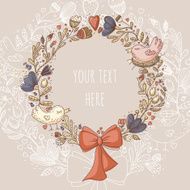 Cute retro flower wreath with two birds