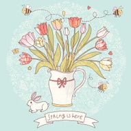 Gorgeous vase with tulips and little rabbit