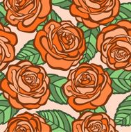 seamless background orange roses with green leaves in old style