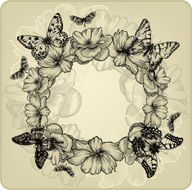 Vintage background with a wreath of roses and butterflies