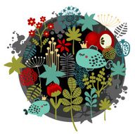 Round label pattern with flora and fish