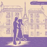 Happy couple in love on Paris street background