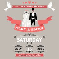 Wedding invitation with clothing groom and bride Retro