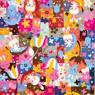 cute bunnies &amp; flowers collage nature pattern