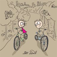 Loving couple man and woman on bicycles