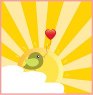 Green bird with a red heart balloon