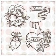 Graphic hearts with roses and ribbons