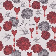 Card with hand drawn Valentine hearts and swallows