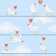 Seamless pattern with cute cartoon birds sitting on the ropes