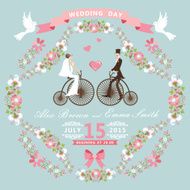 Vintage wedding invitation Floral frame Bride groom retro bike