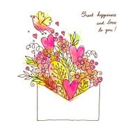 Greeting card with hearts bird and flowers