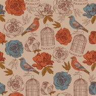 Bird with blossoms red flowers Seamless pattern