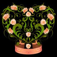Green floral ornamental heart with roses and pink vintage banner