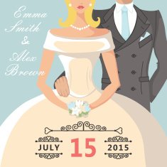 Cute cartoon bride and groom Retro wedding invitation N3