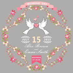 Cute wedding invitation with pigeons and floral frame