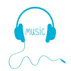 Blue headphones with cord and word Music Isolated Card
