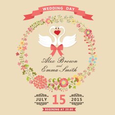 Cute wedding invitation with swans and floral wreath